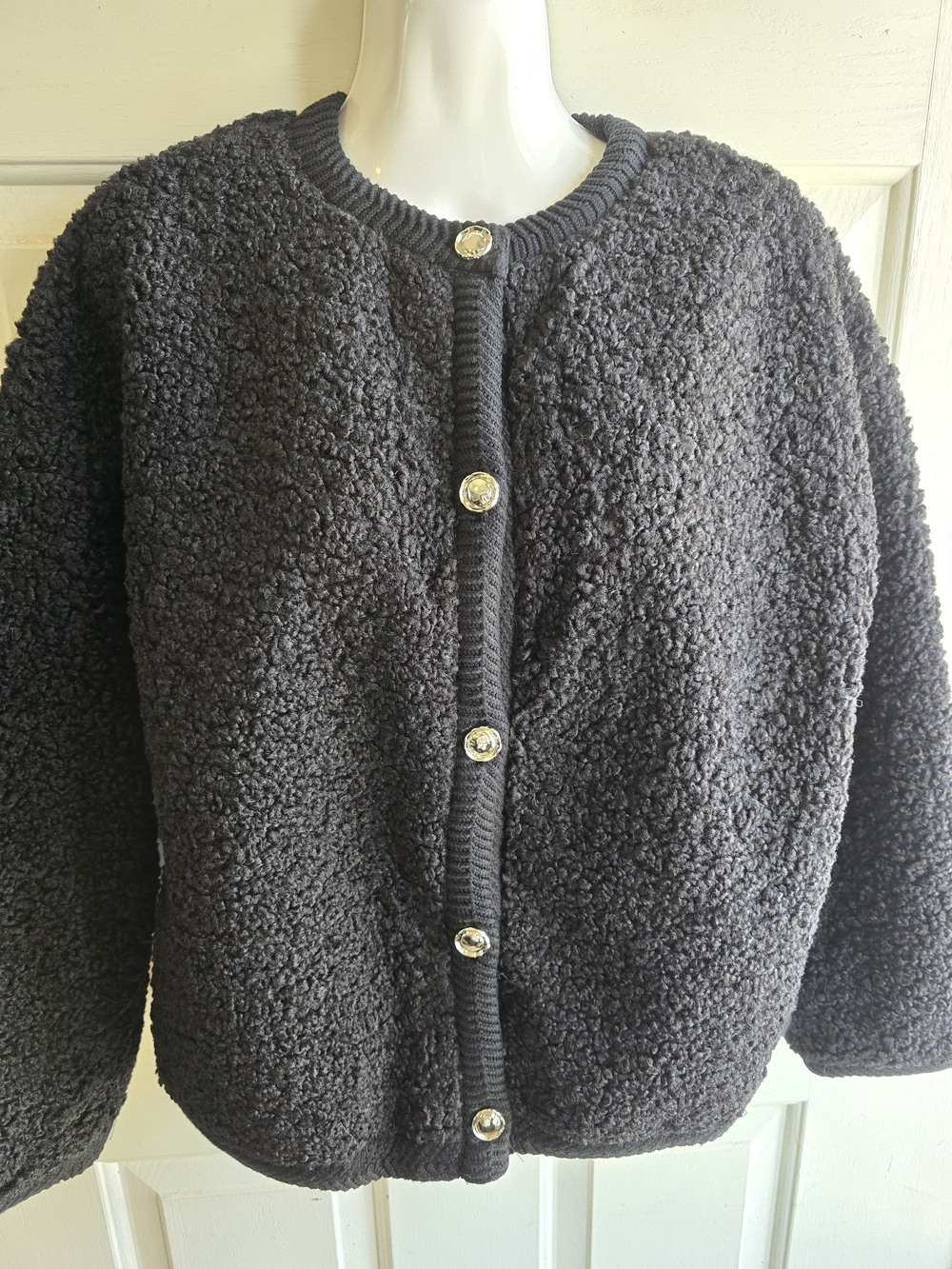 Black Bouclé Button-Front Cardigan Sweater